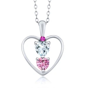 925 Sterling Silver Aquamarine Pink Moissanite and Pink Sapphire Pendant - Picture 1 of 3