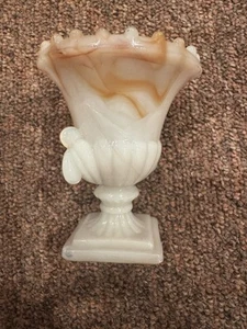 Vntg Akro Agate Orange/White Slag Glass Toothpick Holder Mini Vase 3.5" x 3.5" - Picture 1 of 5