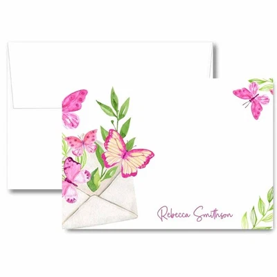 Tarjetas de papelería personalizadas mariposa rosa regalo con nombre (CONJUNTOS DE 20) Foto 1 de 4