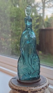Vtg Guadalupe Madonna Virgin Mary Blue Blown Glass Bottle & Stopper Holy Water - Picture 1 of 7