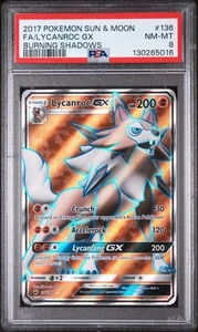 2017 POKEMON SUN & MOON BURNING SHADOW #136 FA/LYCANROC GX BURNING SHADOWS PSA 8 - Picture 1 of 2