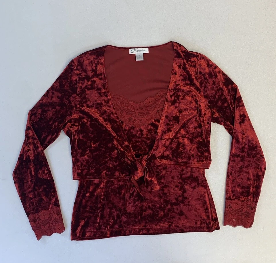 Dress Barn Velvet Lace Top Womens XL Red Layered Jacket Attached Cami Love Knot - Image 1 of 4
