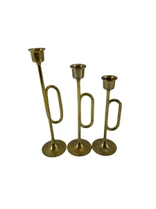Vtg Set 3 Brass French Horn Taper Candlestick Holders Christmas Wedding Holiday - Picture 1 of 7