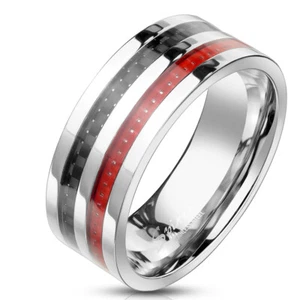 BAGUE ANNEAU HOMME ACIER BANDES FIBRE DE CARBONE COULEUR ROUGE ET NOIRE RCT 2686 - Picture 1 of 1