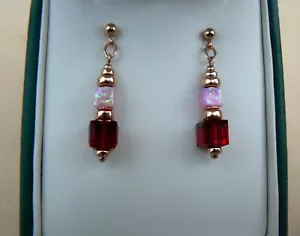 Deco 14ct Rose Gold Filled cube earrings with pink Opals & Siam Red crystals - Picture 1 of 4