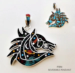 REVERSIBLE GALAXY MOON STARS TURQUOISE INLAY .925 SILVER STERLING HORSE PENDANT - Picture 1 of 4