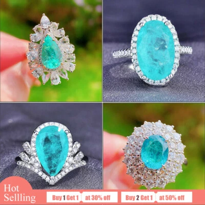 New Teardrop Flower Style Neon Blue Tourmaline Gemstone Silver Ring For Women - Image 1 of 4