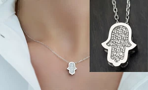 925 Silber Zirkonia Stein Hand der Fatima Hamsa/Khamsa Damen Hals Kette - Bild 1 von 6