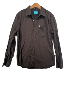 Volcom Mens Shirt Sz L Brown Long-Slv Button Up Pin-Striped Cotton Tailored Fit - Picture 1 of 11
