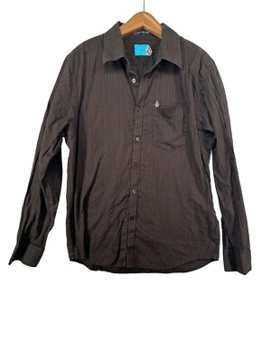 Volcom Mens Shirt Sz L Brown Long-Slv Button Up Pin-Striped Cotton Tailored Fit - Image 1 of 4