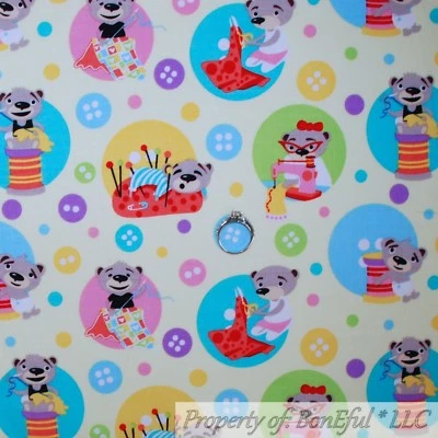BonEful FABRIC FQ Cotton Quilt Yellow Rainbow Dot Sewing Machine Bear Craft Girl - Image 1 of 4