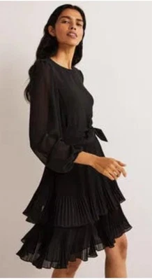 NWT BODEN Plisse Mini Dress Black Pleated Fit & Flare Belted Sheer Sleeve 14 US - Image 1 of 4