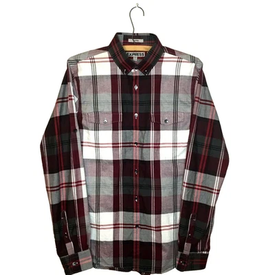 Camisa de vestir Express para hombre S a cuadros roja blanca gris granate ajustada con botones 14-14,5 Foto 1 de 4