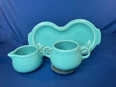 Fiesta Ware Turquoise  3 Piece Set Creamer Sugar Tray NO Lid Intro 1986 - Image 1 of 4