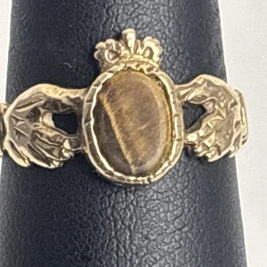 Alter 375 9k 9ct Gelbgold irischer Claddagh Verschluss Hände Tigerauge Ring Größe 6 - Bild 1 von 4