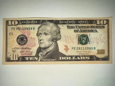 Rare $10 Dollar Bill Banknote Series 2017 A Fancy Serial Number Trinary 09110999 - Image 1 of 3