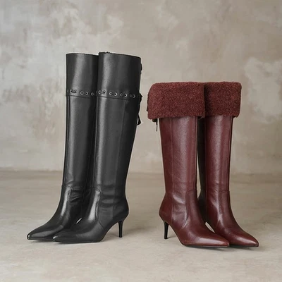 Botas de caballero para mujer Botas de invierno de cuero con punta de tacón alto sobre la rodilla Foto 1 de 4