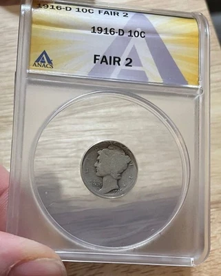 U.S. - 1916-D Silver Mercury Dime (ANACS Fair 2) - Key Date - Image 1 of 4