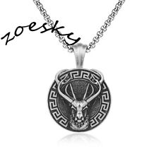 Mens Viking Elk Deer Pendant Norse Runes Necklace w/ 24 in Stainless Steel Chain