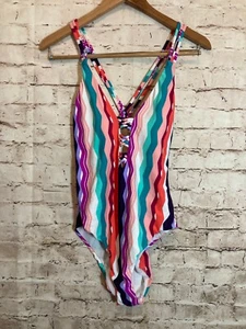 Bar III Bathing Suit Womens Large One Piece Rainbow Striped Open Back Cutout - Picture 1 of 14