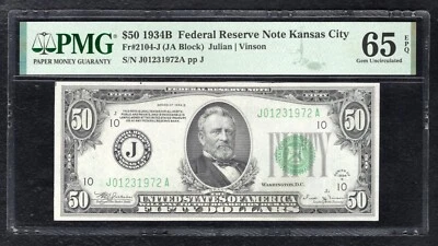 FR. 2104-J 1934-B $50 FRN FEDERAL RESERVE NOTE KANSAS CITY, MO PMG GEM UNC-65EPQ - Image 1 of 2