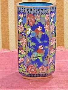 ANTIQUE CHINESE BRONZE OCTAGONAL ENAMEL CLOISONNE VASE - Picture 1 of 12