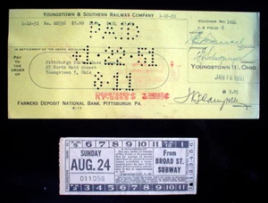 1951's DOCUMENT, YOUNGSTOWN & SOUTHERN RAILWAY CO. + PHILADELPHIA SUBWAY TICKET - Picture 1 of 6