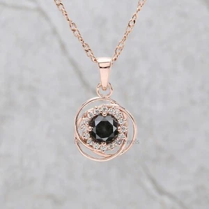 0.83 Ct Natural Round Salt And Pepper Diamond 14K Rose Gold Engagement Pendant - Picture 1 of 9