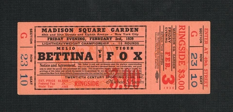 RARE 1939 Championship MELIO BETTINA vs TIGER JACK FOX boxing ticket Seelig Ovis Cover