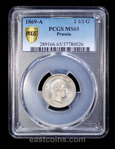 PCGS MS65 1869-A German State Prussia Wilhelm I Silver 2½ groschen KM-486 - Picture 1 of 4