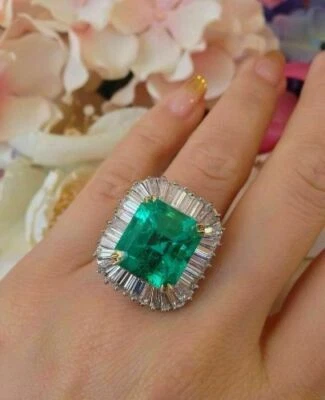 4CT Colombian Lab Created Emerald Cocktail Ballerina Ring 14K White Gold Finish - Image 1 of 4