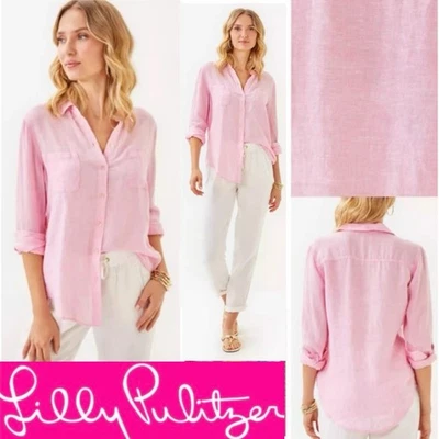 全新带标签 $118 Lilly Pulitzer Sea View 100% 亚麻纽扣上衣大号乌尔钦粉色 — 第 1/4 张图片