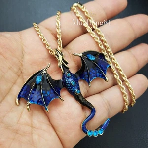 Unisex Blue Dragon Gold Plated Elegant Pendant & 3mm 24' Rope Chain Necklace - Picture 1 of 5