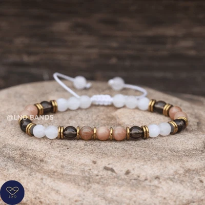 Pulsera ajustable minimalista cuentas redondas de piedra lunar cuarzo ahumado piedra solar 6 mm Foto 1 de 3