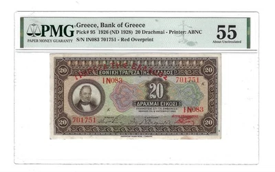 Billete de Grecia 55 PMG 20 Dracmai 1926ND (1928) # 95 Foto 1 de 3