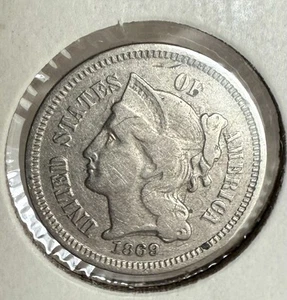 1869 Three Cent Nickel AU condition Old US Coin - Picture 1 of 6