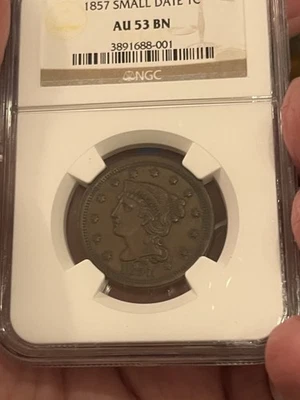 1857 Small Date Large Cent AU53BN NGC  - Image 1 of 4