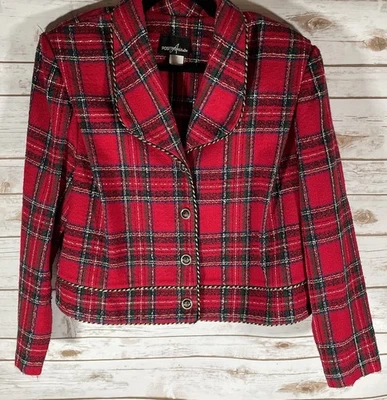 Vintage Positive Attitude Women's Size 18 Red Plaid Wool Blend Blazer Gold Trim - Image 1 of 4