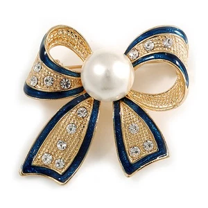 Stunning Bow Brooch In Gold Tone/ Blue Enamel/ Faux Pearl/ 40mm Tall - Picture 1 of 4