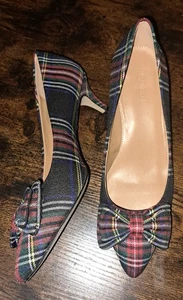 J Crew Tartan Plaid Bow Kitten Heels Pointed Toe Red Plaid Holidays Office 6.5 - Picture 1 of 8