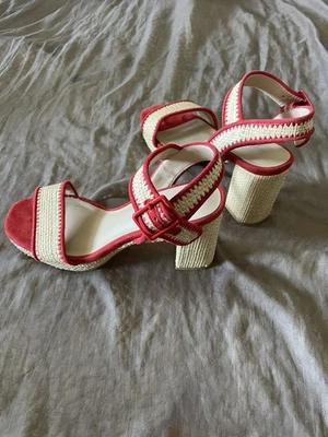 Farylrobin Platform raffia woven with red suede trim heels 7.5US - Image 1 of 4