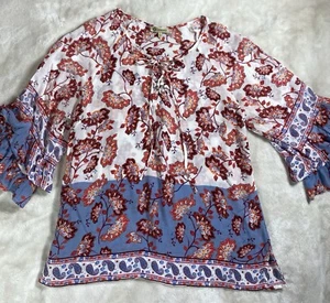Camicia donna Democracy LG boho floreale paisley hippie rosso blu con volant manica 3/4 - Foto 1 di 11