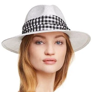 Helene Berman White Straw Fedora w/ Black & White Gingham Band, NWT! - Picture 1 of 6