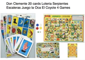 Don Clemente Loteria 20 Cards + Serpientes y Escaleras La Oca El Coyote 4 Games - Picture 1 of 6