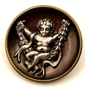 Vintage Cupid On A Swing Button Silver Brass Tones - Picture 1 of 7