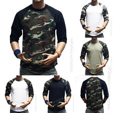 Men 3/4 Sleeve Camo Baseball T-Shirt Raglan Fashion Sports Team Crew Hipster Tee