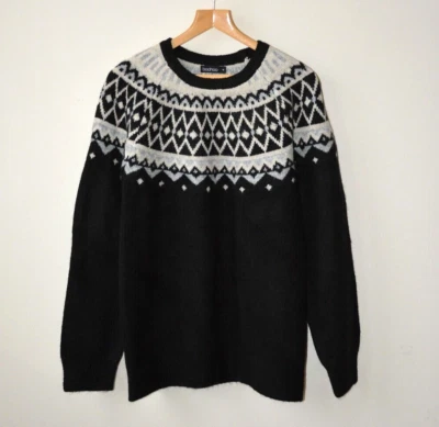 EX BOOHOO BLACK+FAIRISLE KNIT PATTERN CREWNECK JUMPER SIZE 10/12 SMALL-MED 12/14 - Image 1 of 4