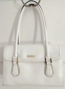 VGT Liz Claiborne Ivory Polyvinyl Flapova Double Handle Satchel Shoulder Handbag - Picture 1 of 14