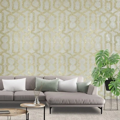 Rollo de papel tapiz texturizado mármol arte líquido imitación líneas enrejado metálico oro marfil Foto 1 de 4