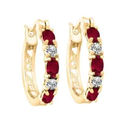 Mother's Day Hoop Earrings 2Ct Simulated Ruby & Diamond 14K Yellow Gold Plated - Image 1 of 4